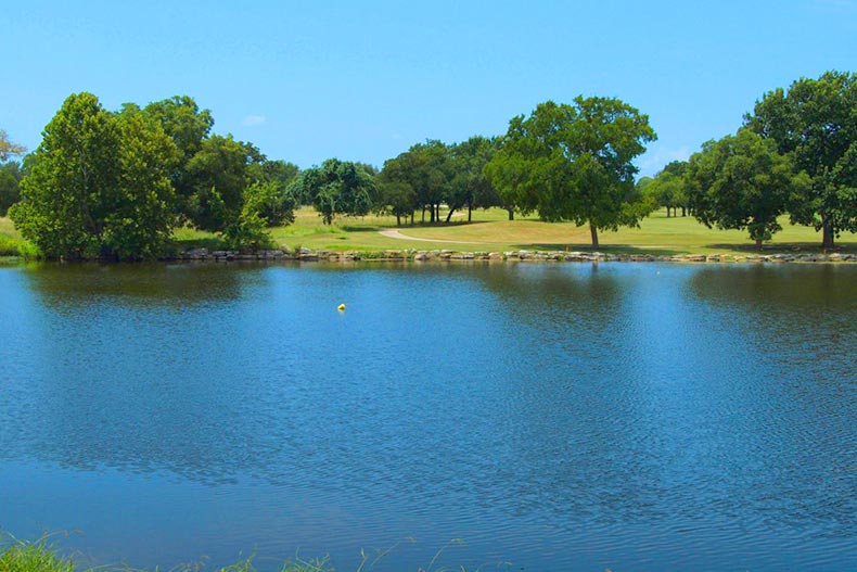 A picturesque lake surrounded by trees at Sun City Texas in Georgetown, Texas