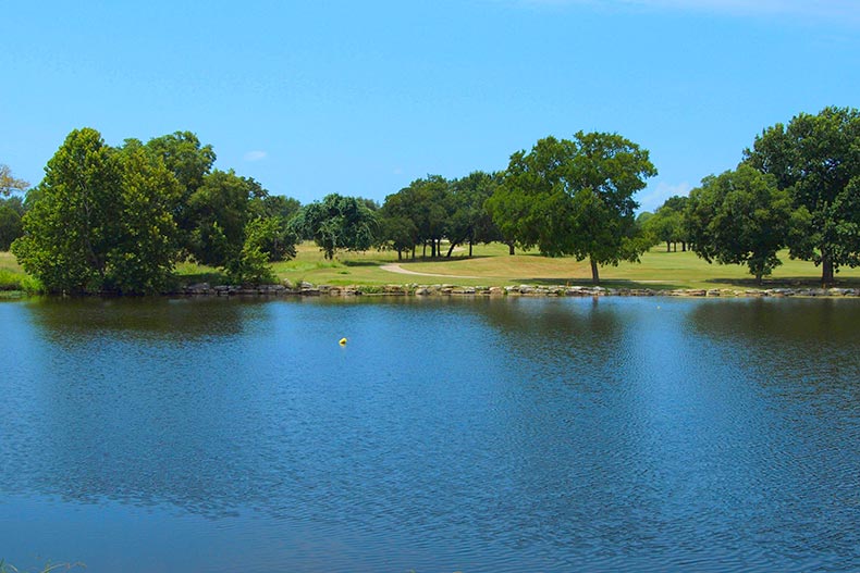 Trees surrounding a picturesque pond at Sun City Texas in Georgetown, Texas
