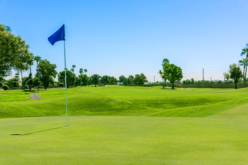 View of a golf course in Sun City West, Arizona with a blue flag in the foreground