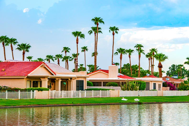 View of several houses on the shore of a lake in Sun Lakes, Arizona