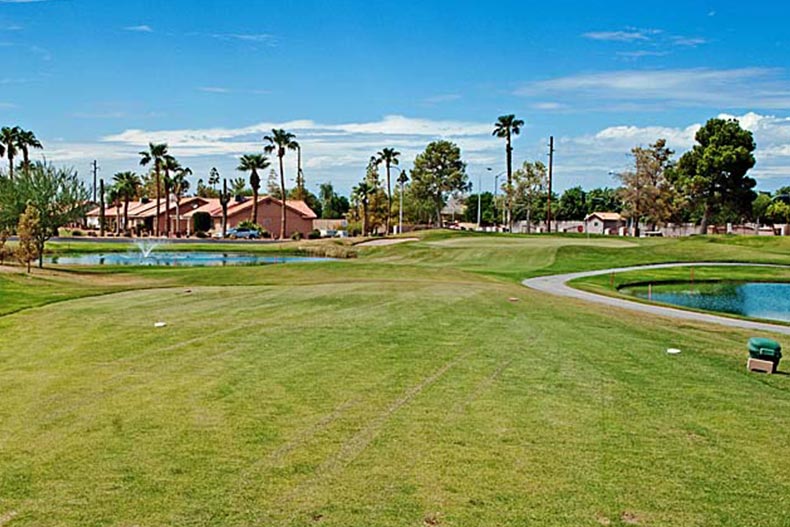 View of the golf course at the 55+ community Sunbird in Chandler, Arizona