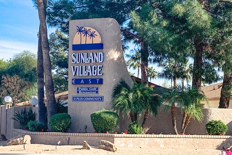The community sign at the entrance to Sunland Village East in Mesa, Arizona