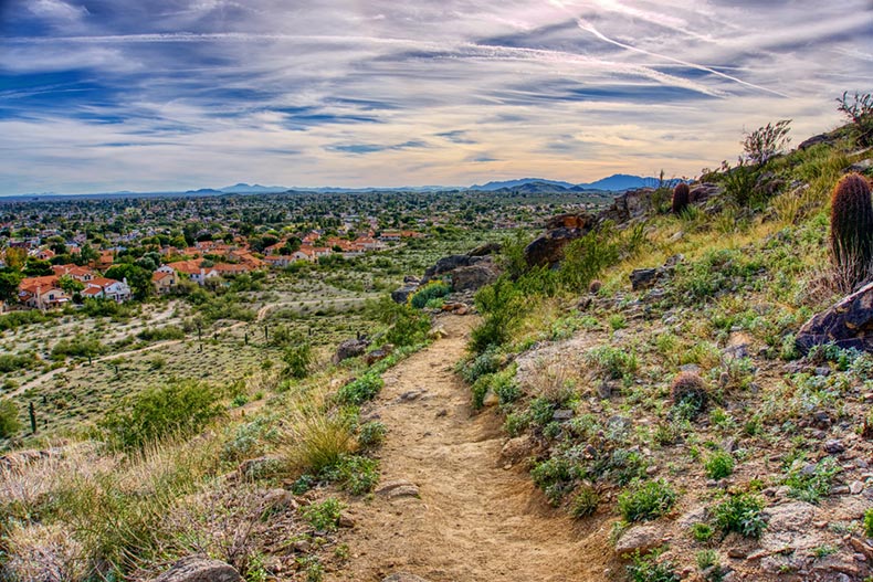 A trail in South Mountain Park Preserve near Phoenix, Arizona on a sunny day