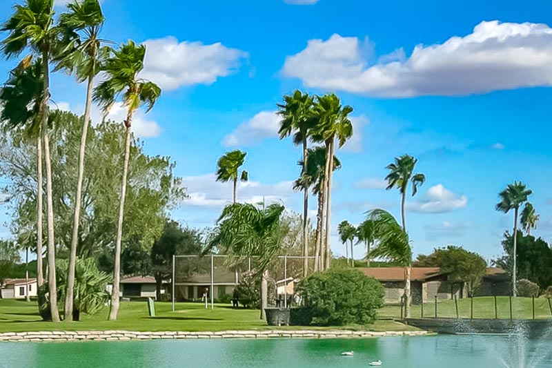 Water feature at Sunshine Country Club Estates overlooking open space with palm trees.