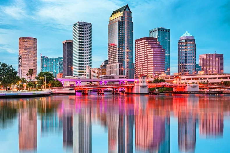 Photo of Downtown Tampa, Florida at night reflecting in the waters of the Gulf of Mexico