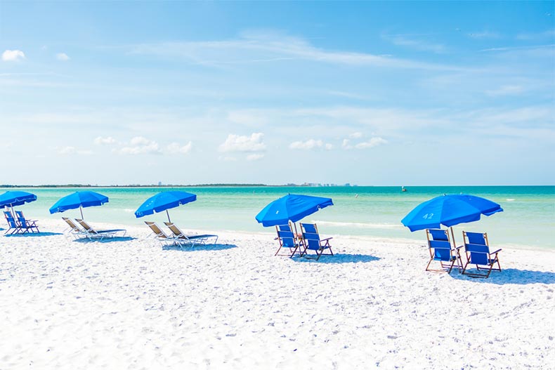 Umbrellas over lounge chairs on a beach in Tampa, Florida