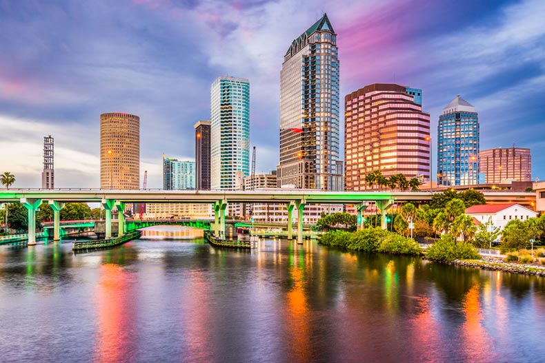 Twilight view of the downtown skyline on the Hillsborough River in Tampa, Florida