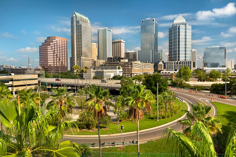 View of the skyline of Tampa, Florida overlooking the freeway and the Riverwalk
