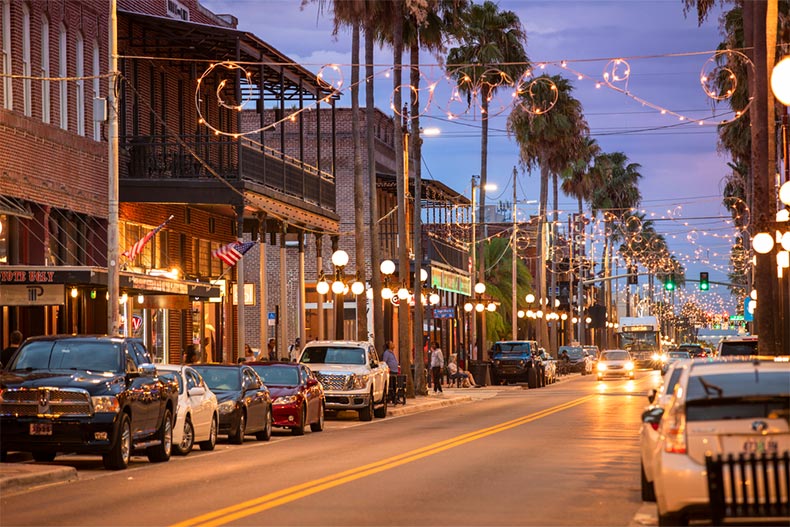 Bars and restaurants lining a street in historic Ybor City in Tampa, Florida