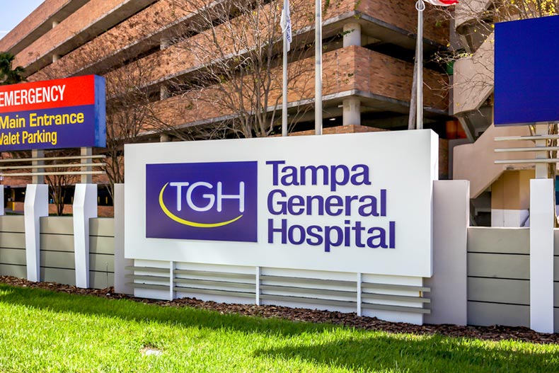 Entrance sign for Tampa General Hospital in Florida