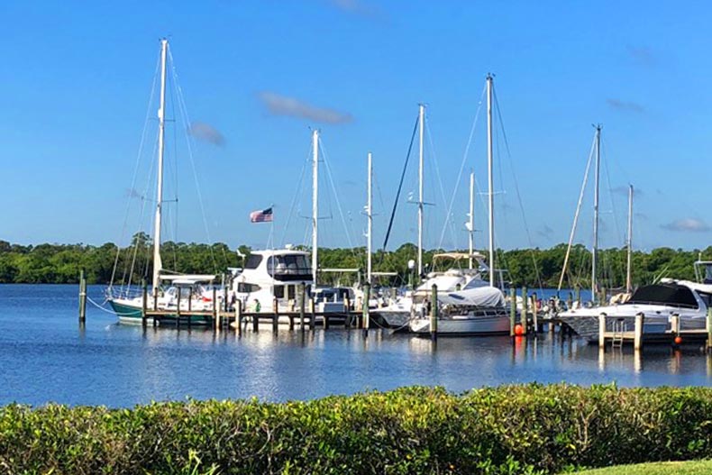 Boats at the dock at Tarpon Bay Yacht Club in Port St. Lucie, Florida