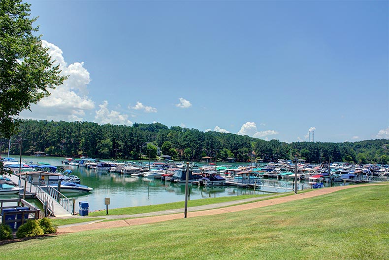 Boats tied up at docks at Tellico Village in Loudon, Tennessee
