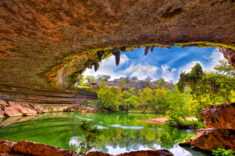 Interior view of the Hamilton Pool Sink Hole located in Central Texas