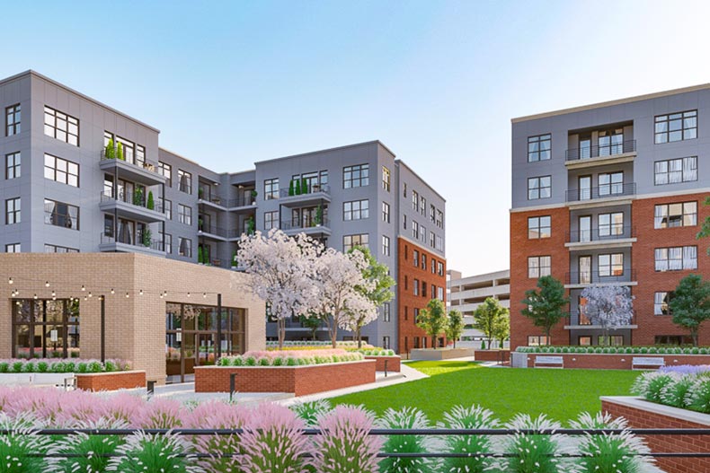 Rendering of the condo buildings and community courtyard at The Atrium at MetroWest in Fairfax, Virginia