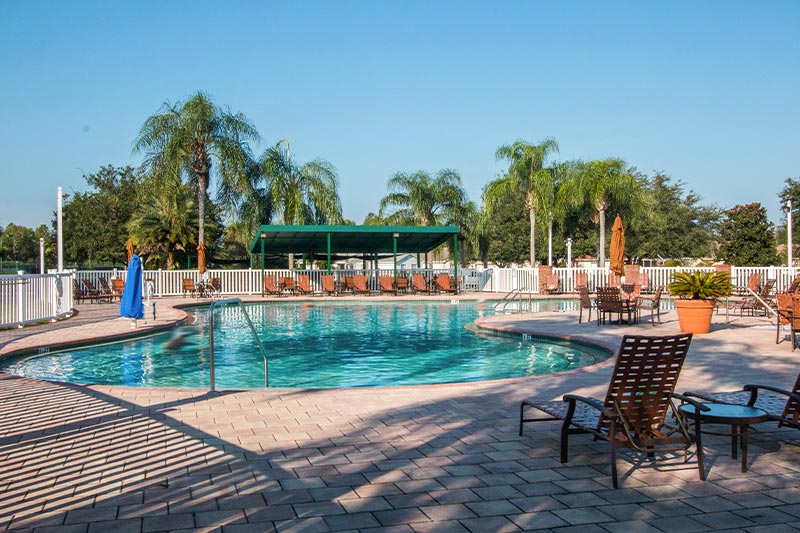 View of the outdoor pool and patio at The Groves Golf and Country Club with poolside lounge chairs.
