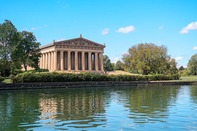 View across the water of the Greek Parthenon in Nashville, Tennessee