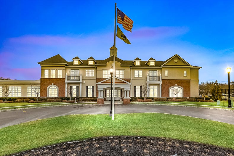 Exterior view of the clubhouse at The Plaza Grande at Garden State Park in Cherry Hill, New Jersey