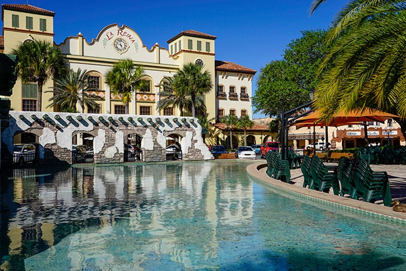 An outdoor water feature and patio at The Villages in Florida