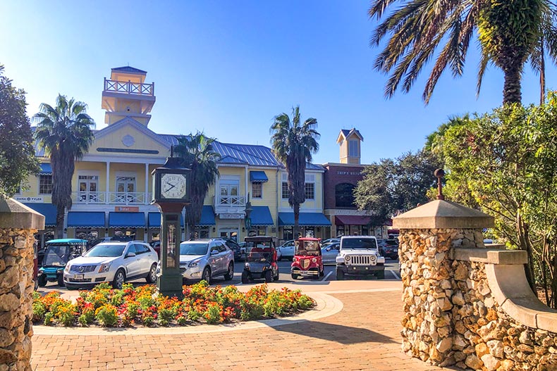 Cars parked in a town square at The Villages in The Villages, Florida