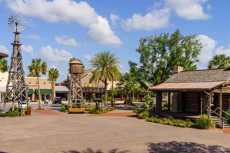 An old windmill and water tower in a town square in The Villages, Florida