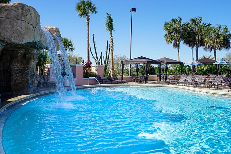 Palm trees surrounding an outdoor, resort-style pool at The Villages, Florida