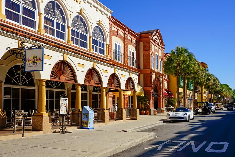 Exterior photo of shops lining a street in The Villages, Florida