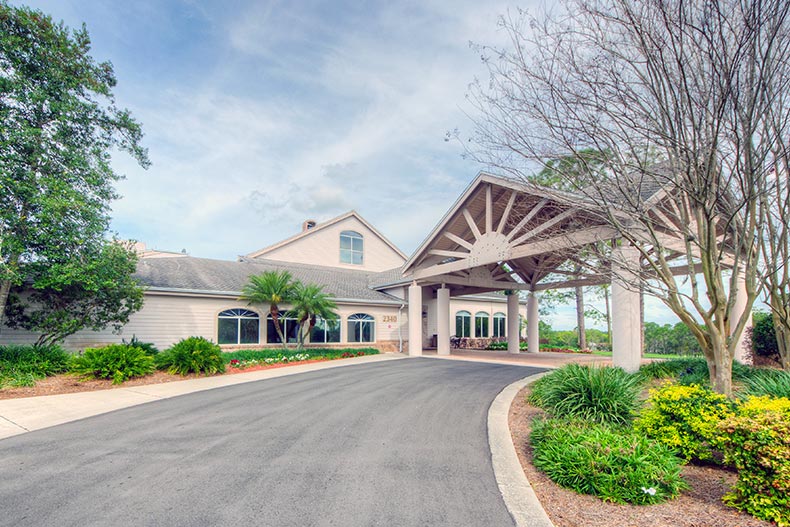 The entrance to the clubhouse at Timber Pines in Spring Hill, Florida