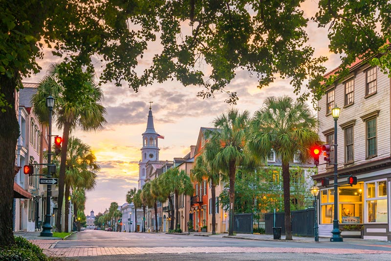 Historical downtown area of Charleston, SC at sunset.