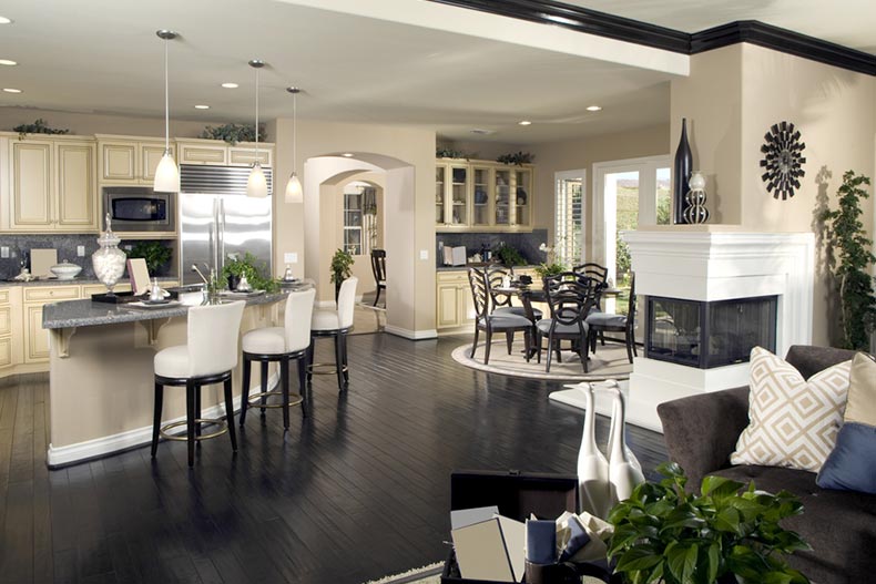 Staged interior of an upscale new construction home model