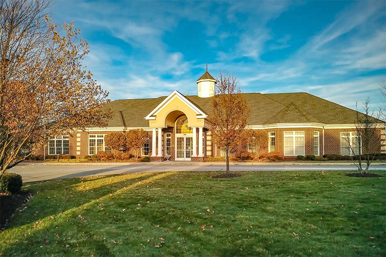 Sunset over a community building at Traditions of America at Liberty Hill in State College, Pennsylvania