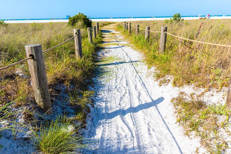 A trail leading to the white sand of Siesta Key Beach in Florida