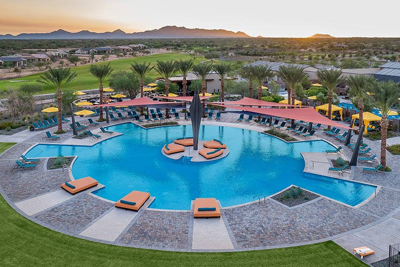 Aerial view of palm trees surrounding the outdoor pool at Trilogy at Verde River in Rio Verde, Arizona