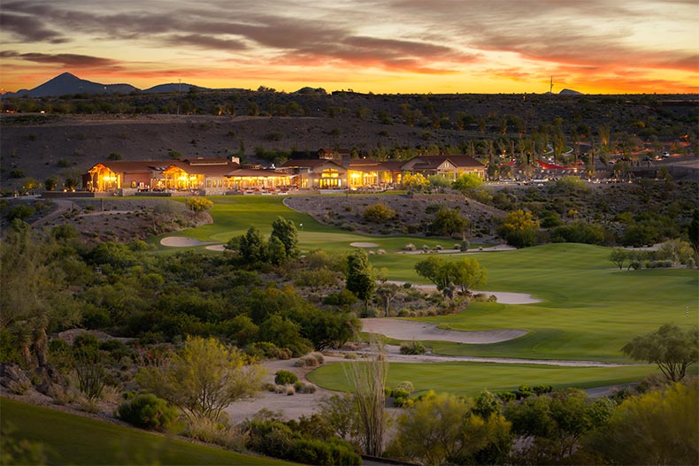 Aerial view of the golf course at Trilogy at Wickenburg Ranch in Wickenburg, Arizona at dusk