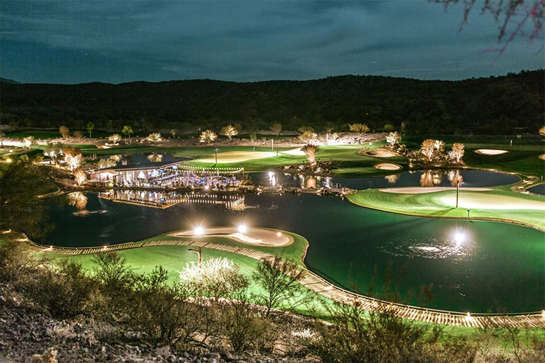 An aerial view of ponds along the golf course at Trilogy at Wickenburg Ranch in Wickenburg, Arizona