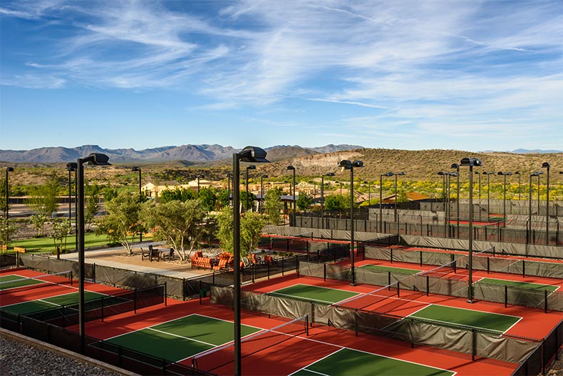 The lighted tennis courts at Trilogy at Wickenburg Ranch in Wickenburg, Arizona