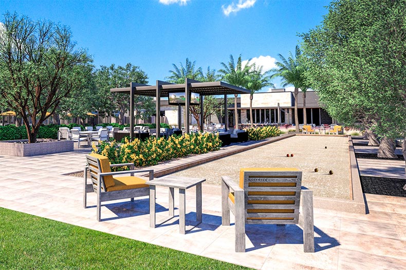 A rendering of chairs beside a bocce ball court at Trilogy Sunstone in Las Vegas, Nevada