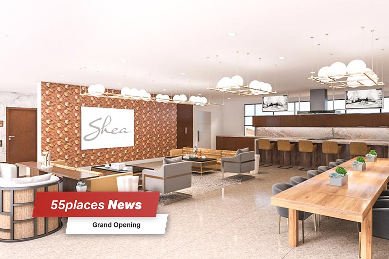 Rendering of Trilogy® Sunstone's clubhouse lobby with 55places News banner with "grand opening" text below.