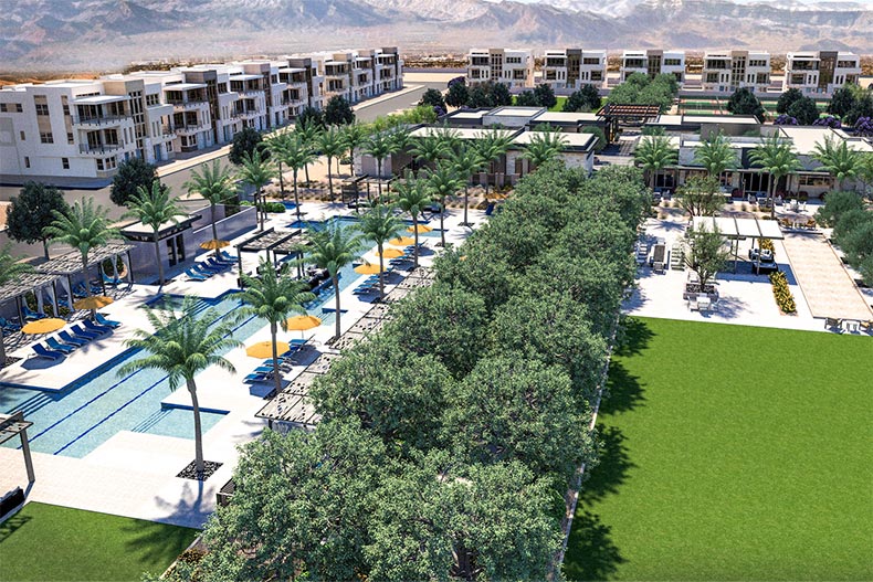 Aerial rendering of community buildings and an outdoor pool at Trilogy Sunstone in Las Vegas, Nevada