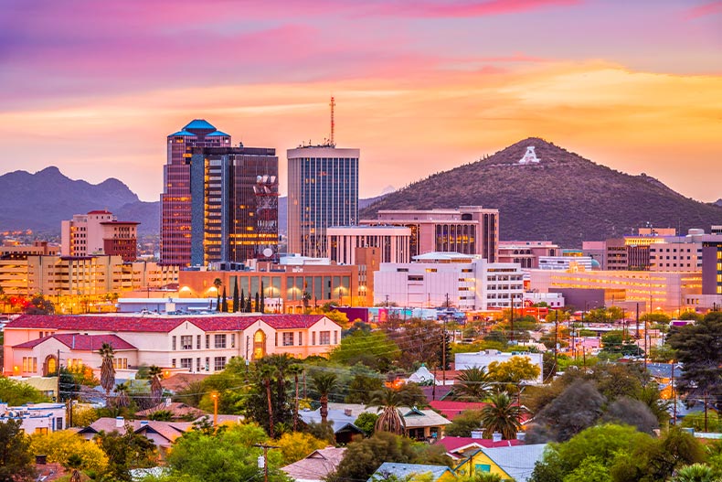 Tucson, Arizona skyline with Sentinel Peak in the background at sunset