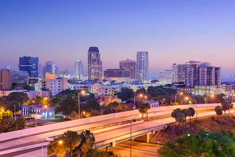 View of the downtown skyline in St. Petersburg, Florida at twilight