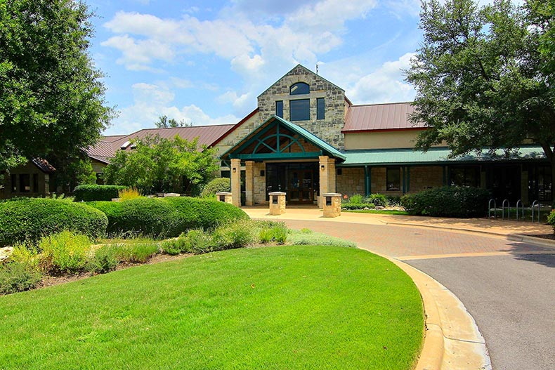 Exterior view of the clubhouse at Sun City Texas in Georgetown, Texas