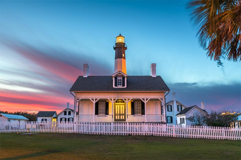 The lighthouse on Tybee Island in Georgia at dusk