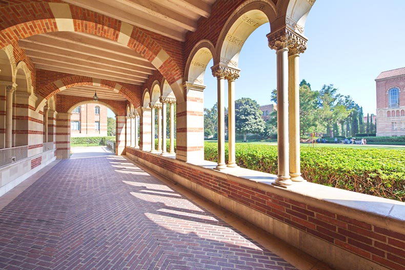 A corridor with stone pillars at UCLA in Los Angeles, California