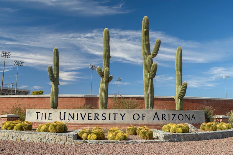 The entrance sign to the campus of the University of Arizona in Tucson, Arizona