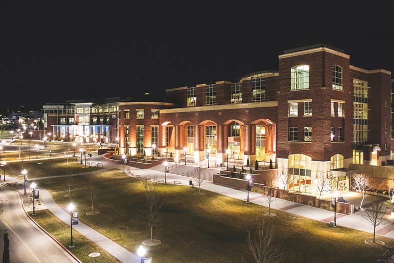 Aerial view of the University of Nevada Reno Campus at night