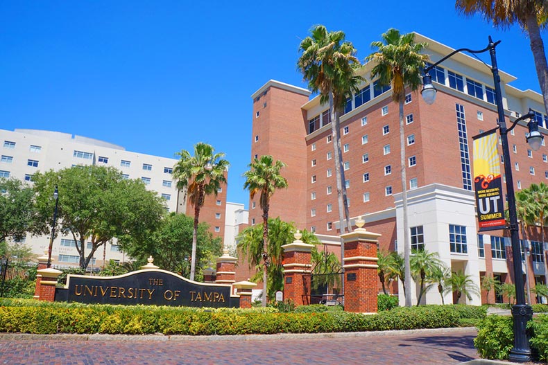 Palm trees surrounding the entrance of the University of Tampa in Tampa, Florida