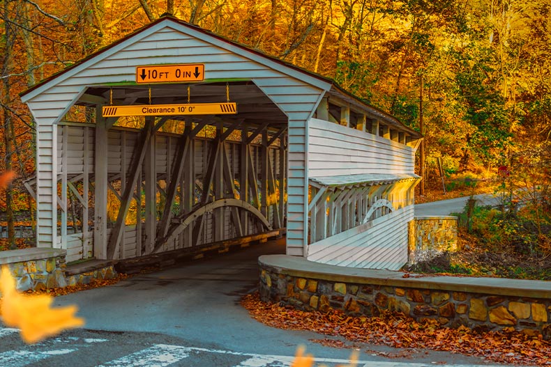 The Knox Covered Bridge in Valley Forge National Park during autumn in Pennsylvania
