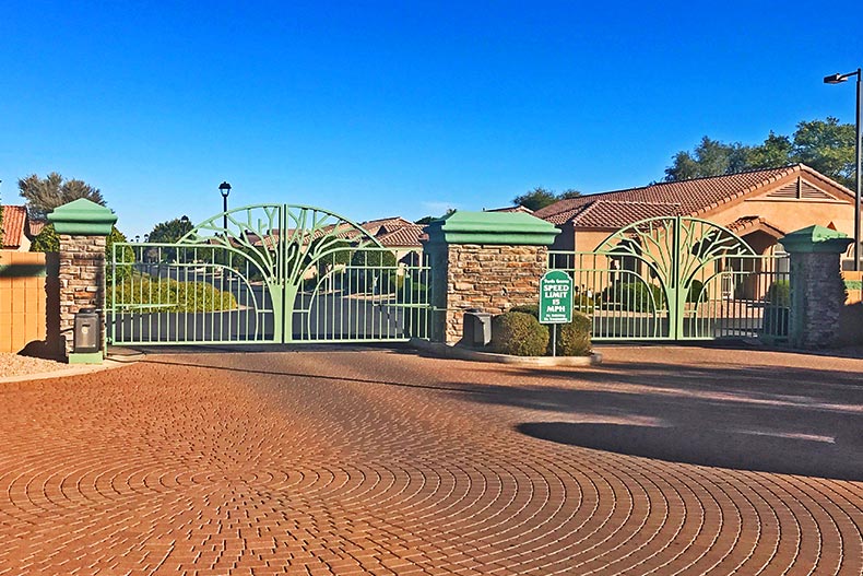 View of the gated entrance at Verde Groves in Mesa, Arizona