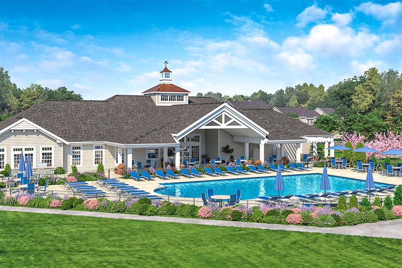 A rendering of the community clubhouse and outdoor pool at Vineyards at Brookfield in Center Moriches, New York