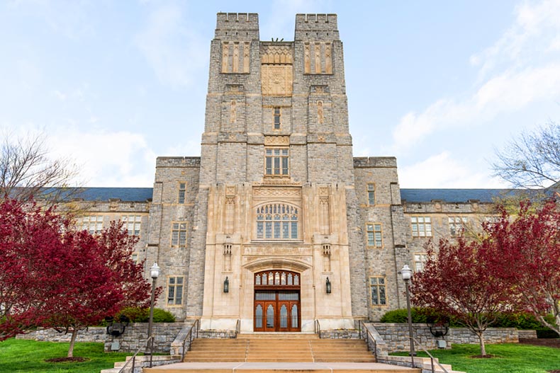 Exterior view of Burruss Hall at Historic Virginia Tech Polytechnic Institute and State University College campus
